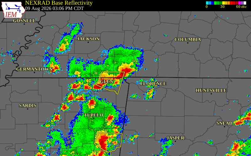 NEXRAD radar during the Sunday, August 9, 2026 storm activity in Hardin County, Tennessee