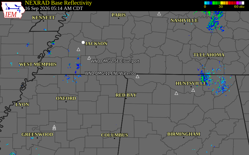 Current NEXRAD radar over Hardin County, Tennessee with recent storm report locations
