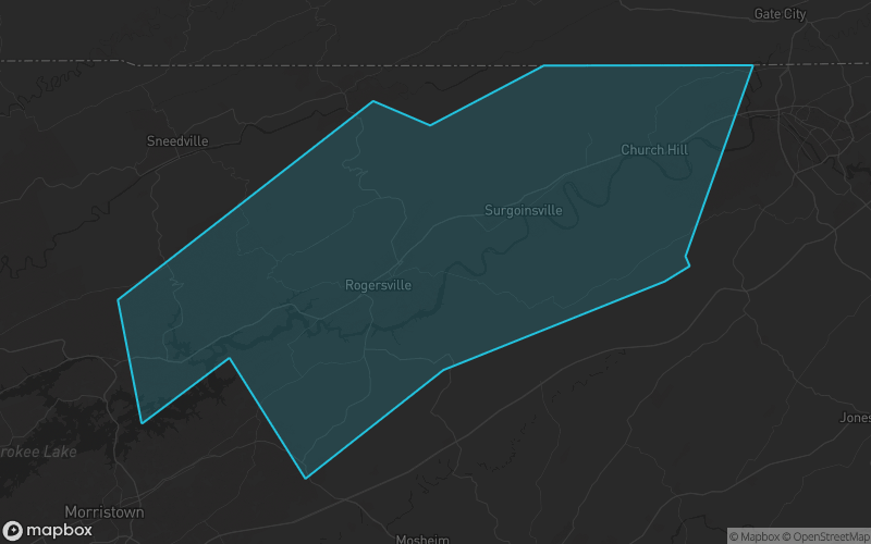 Map of Hawkins County, Tennessee showing the county boundary and surrounding cities