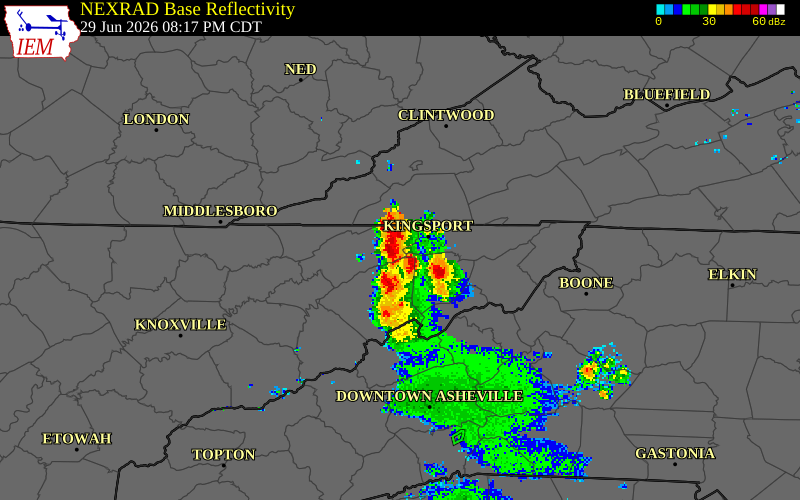 NEXRAD radar during the Monday, June 29, 2026 storm activity in Hawkins County, Tennessee