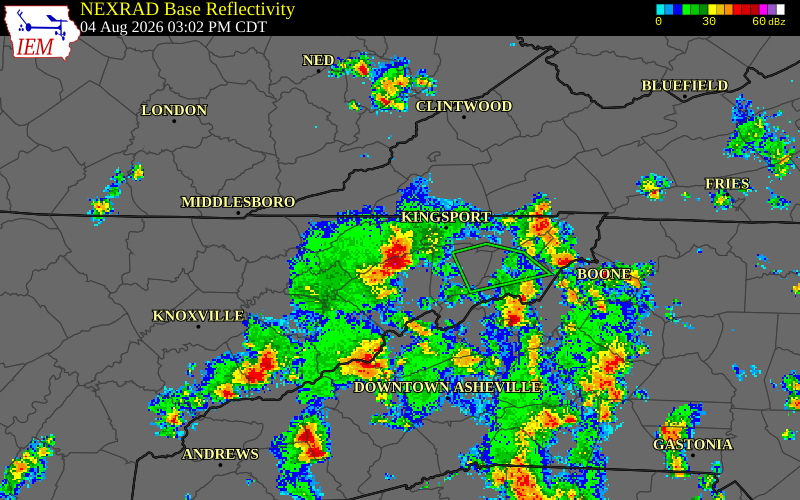 NEXRAD radar during the Tuesday, August 4, 2026 storm activity in Hawkins County, Tennessee
