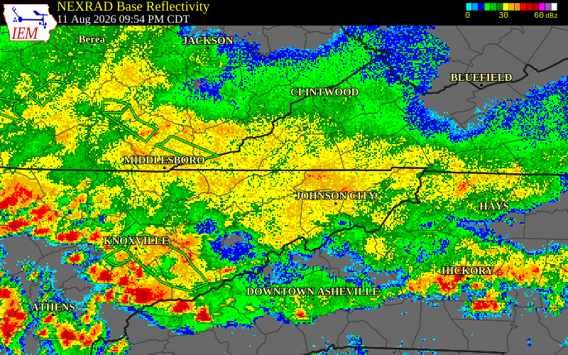 NEXRAD radar during the Tuesday, August 11, 2026 storm activity in Hawkins County, Tennessee