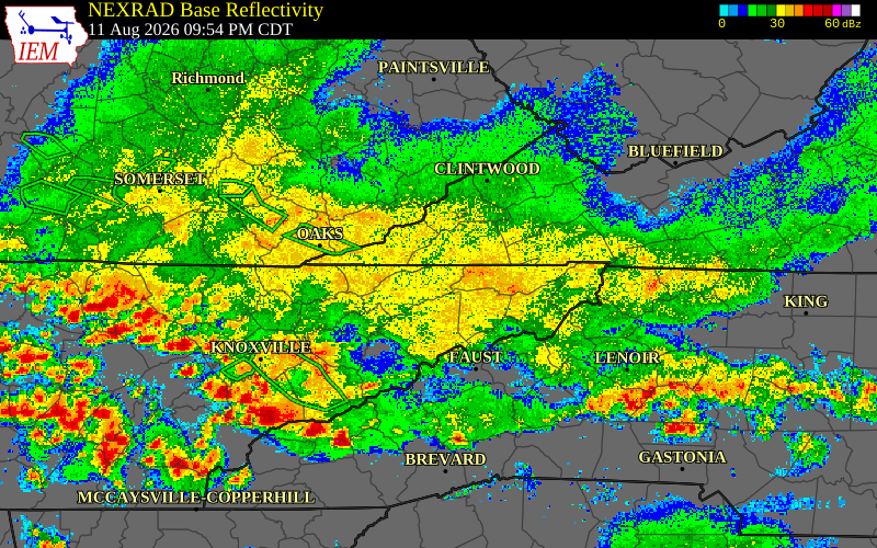 Radar snapshot during the Aug 11, 2026 wind event near 3 S Okolona, Hawkins County, Tennessee, with NWS warning polygons