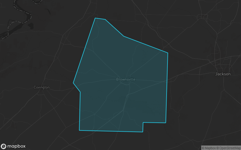 Map of Haywood County, Tennessee showing the county boundary and surrounding cities