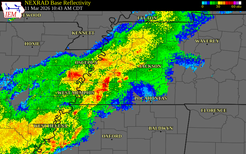 NEXRAD radar during the Wednesday, March 11, 2026 storm activity in Haywood County, Tennessee