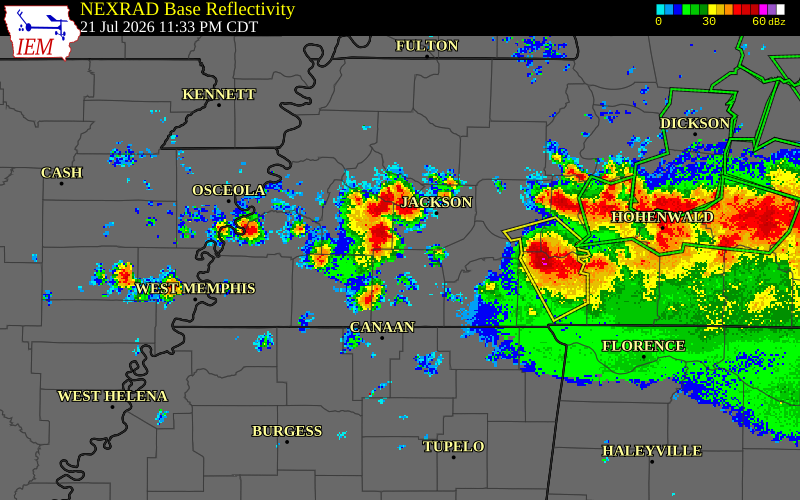 NEXRAD radar during the Tuesday, July 21, 2026 storm activity in Haywood County, Tennessee