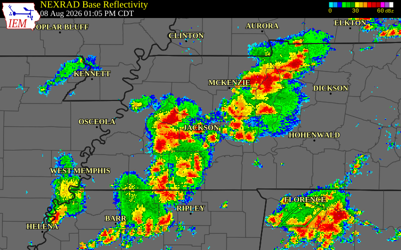 NEXRAD radar during the Saturday, August 8, 2026 storm activity in Haywood County, Tennessee