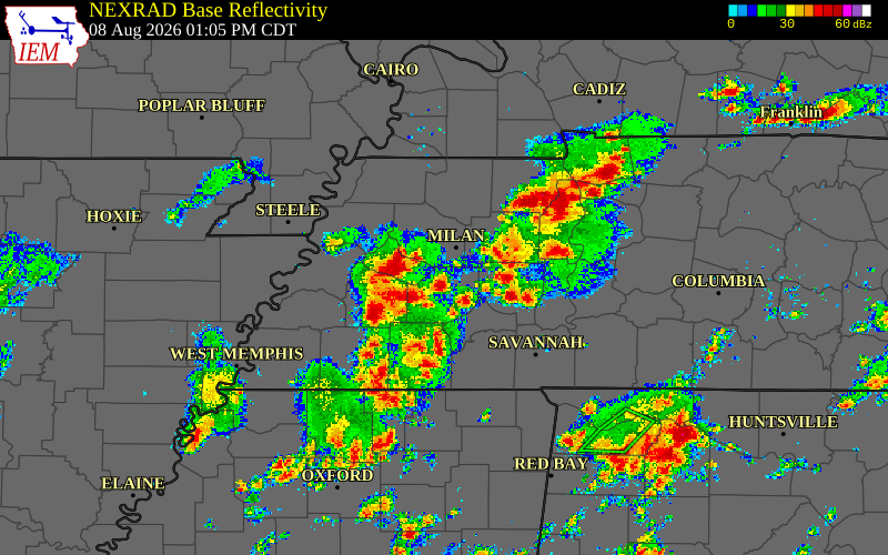 Radar snapshot during the Aug 8, 2026 wind event near Haywood County, Haywood County, Tennessee, with NWS warning polygons