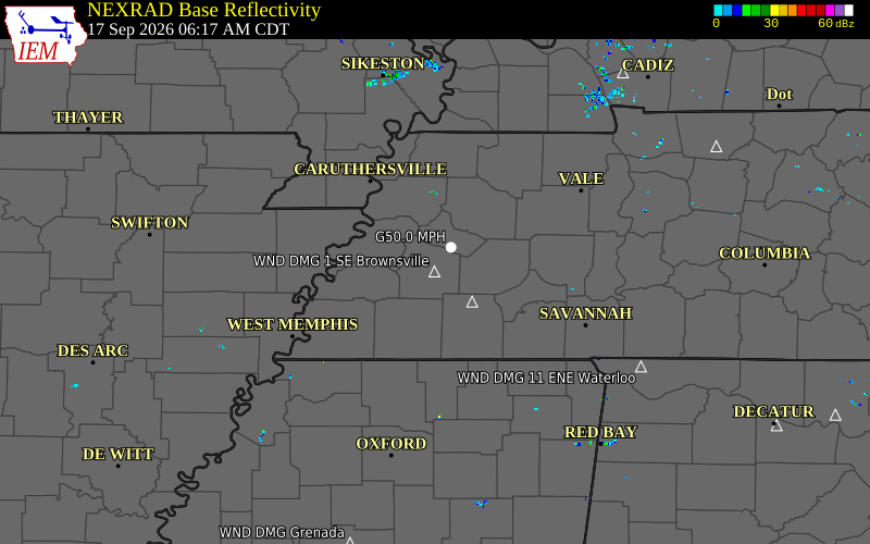 Current NEXRAD radar over Haywood County, Tennessee with recent storm report locations