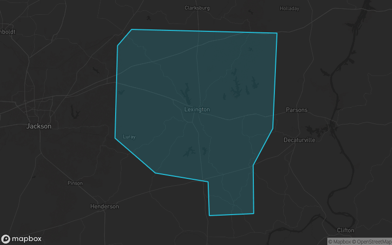 Map of Henderson County, Tennessee showing the county boundary and surrounding cities