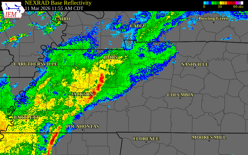 NEXRAD radar during the Wednesday, March 11, 2026 storm activity in Henderson County, Tennessee