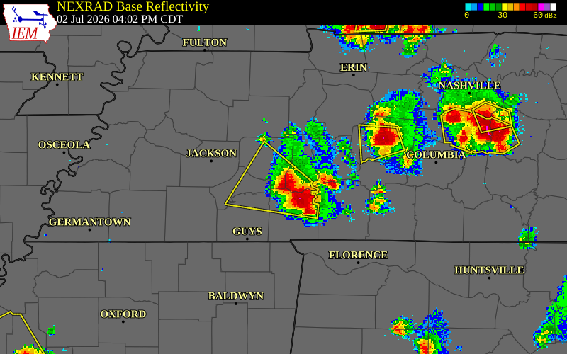 NEXRAD radar during the Thursday, July 2, 2026 storm activity in Henderson County, Tennessee
