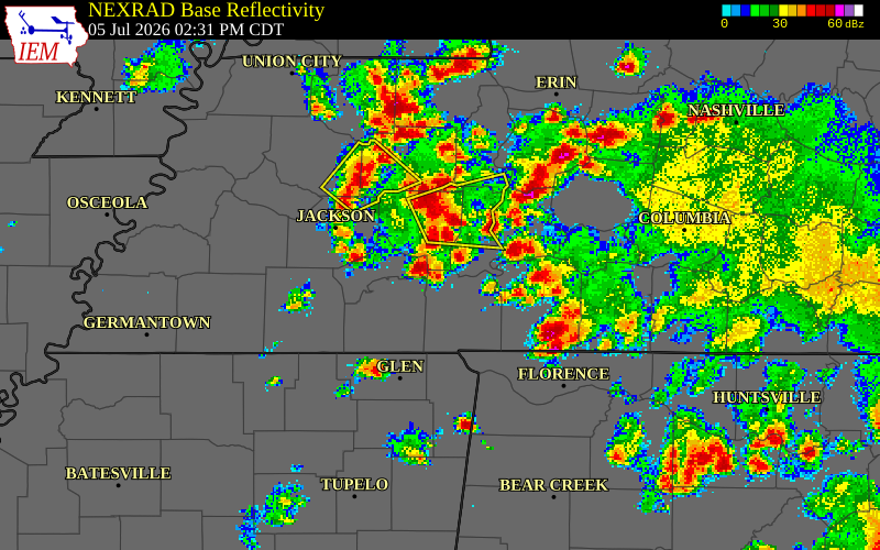 NEXRAD radar during the Sunday, July 5, 2026 storm activity in Henderson County, Tennessee