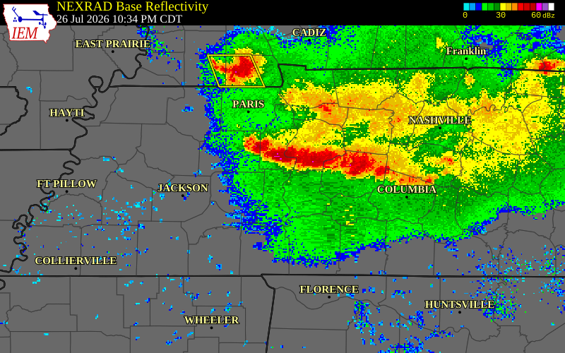 NEXRAD radar during the Sunday, July 26, 2026 storm activity in Henderson County, Tennessee