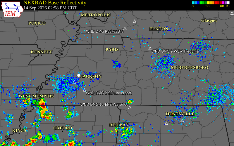 Current NEXRAD radar over Henderson County, Tennessee with recent storm report locations
