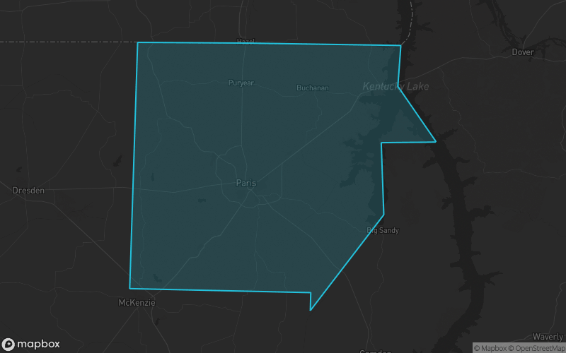 Map of Henry County, Tennessee showing the county boundary and surrounding cities