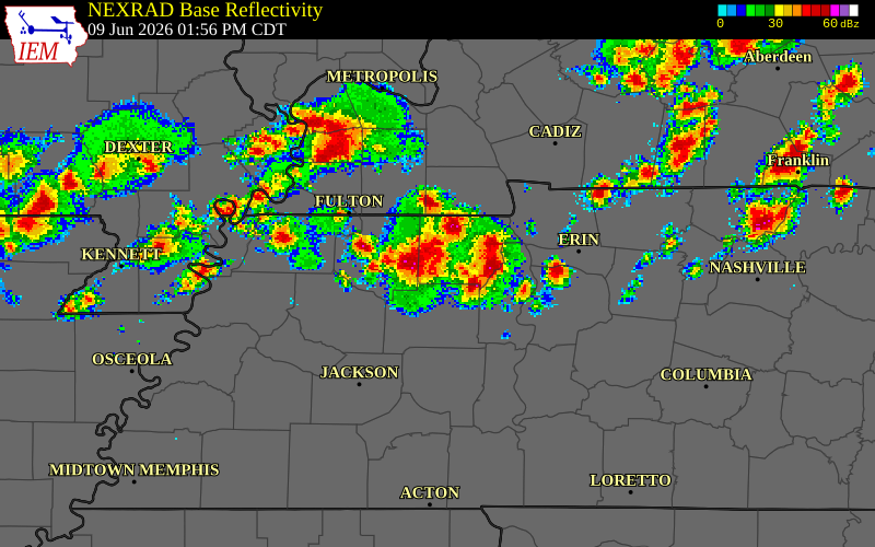 NEXRAD radar during the Tuesday, June 9, 2026 storm activity in Henry County, Tennessee