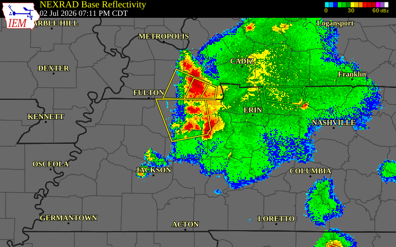 NEXRAD radar during the Thursday, July 2, 2026 storm activity in Henry County, Tennessee