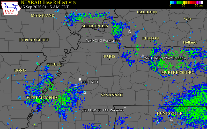 Current NEXRAD radar over Henry County, Tennessee with recent storm report locations