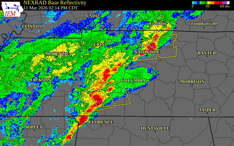 NEXRAD radar during the Wednesday, March 11, 2026 storm activity in Hickman County, Tennessee