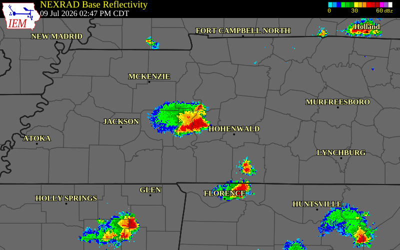 NEXRAD radar during the Thursday, July 9, 2026 storm activity in Hickman County, Tennessee
