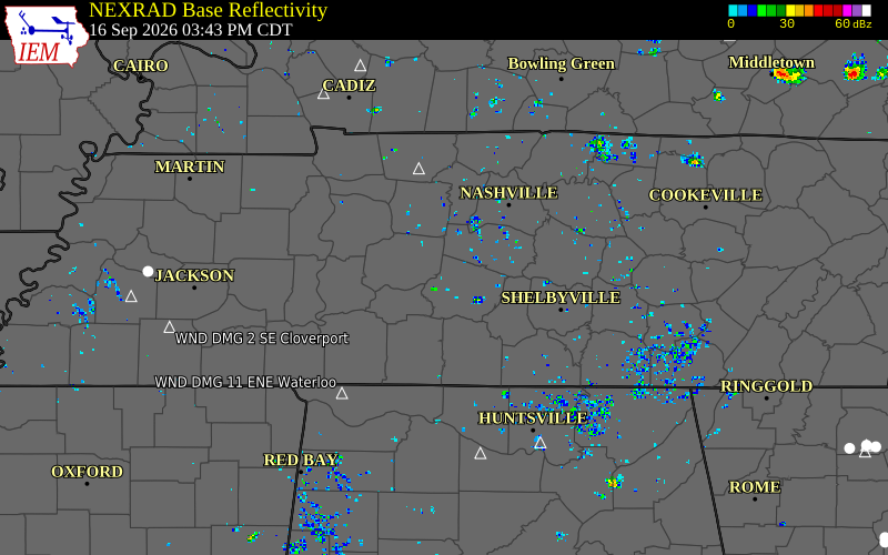 Current NEXRAD radar over Hickman County, Tennessee with recent storm report locations