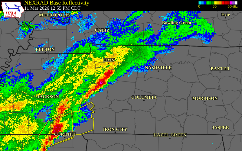 NEXRAD radar during the Wednesday, March 11, 2026 storm activity in Houston County, Tennessee