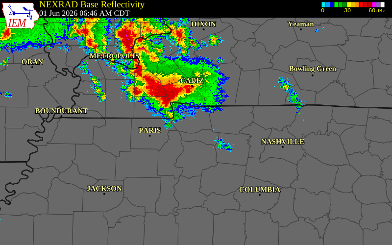 NEXRAD radar during the Monday, June 1, 2026 storm activity in Houston County, Tennessee