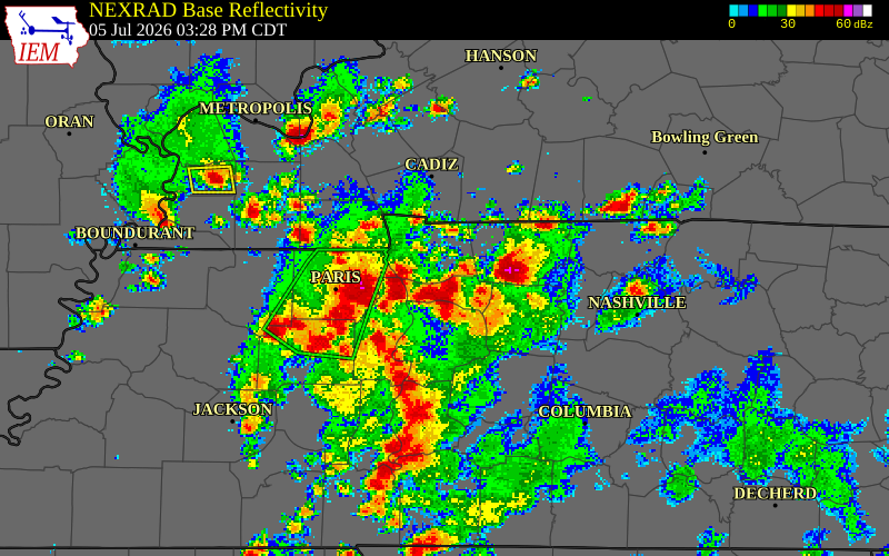 NEXRAD radar during the Sunday, July 5, 2026 storm activity in Houston County, Tennessee