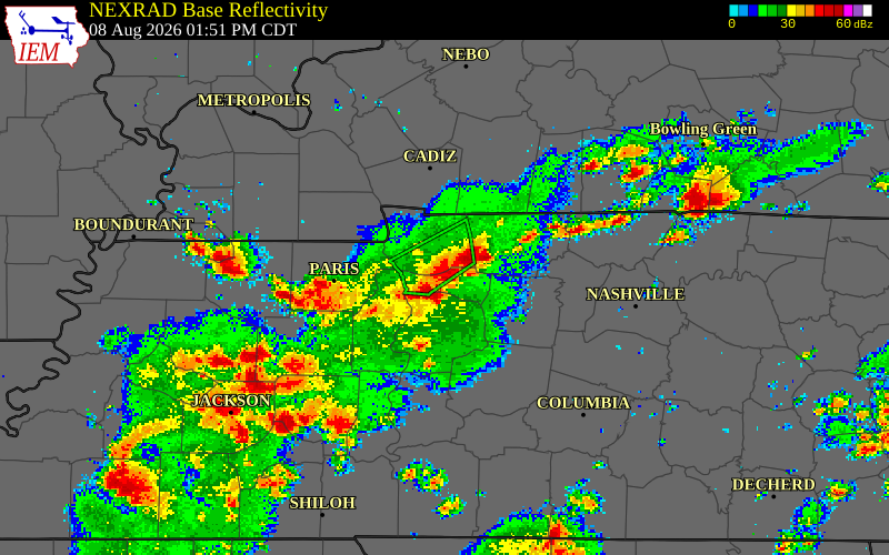 NEXRAD radar during the Saturday, August 8, 2026 storm activity in Houston County, Tennessee