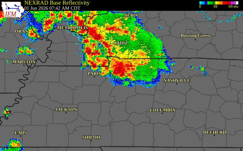 NEXRAD radar during the Monday, June 1, 2026 storm activity in Humphreys County, Tennessee