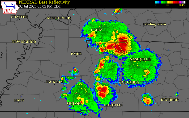 NEXRAD radar during the Thursday, July 2, 2026 storm activity in Humphreys County, Tennessee