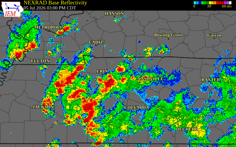 NEXRAD radar during the Sunday, July 5, 2026 storm activity in Humphreys County, Tennessee