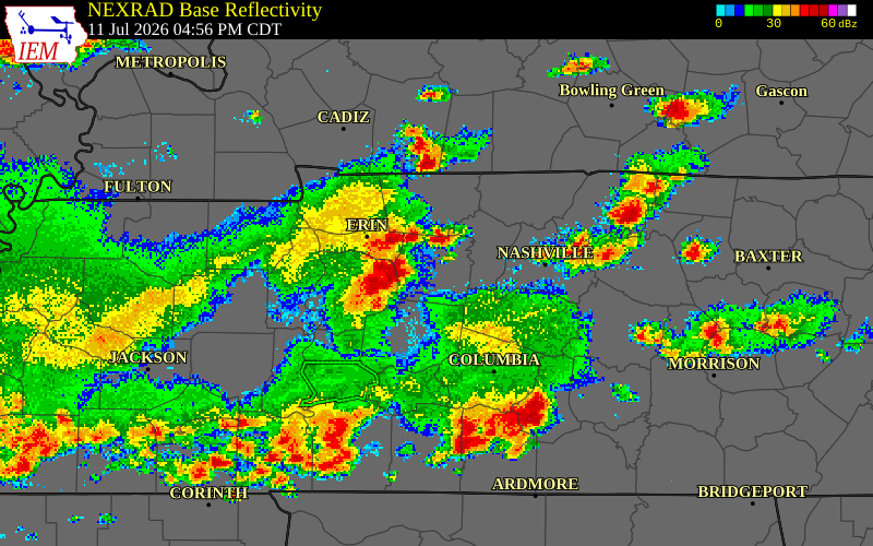 NEXRAD radar during the Saturday, July 11, 2026 storm activity in Humphreys County, Tennessee