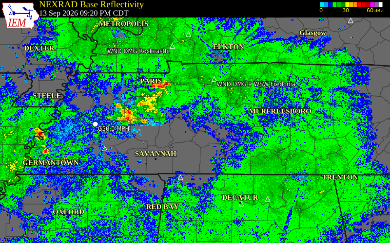 Current NEXRAD radar over Humphreys County, Tennessee with recent storm report locations