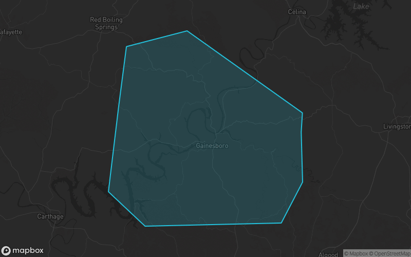 Map of Jackson County, Tennessee showing the county boundary and surrounding cities
