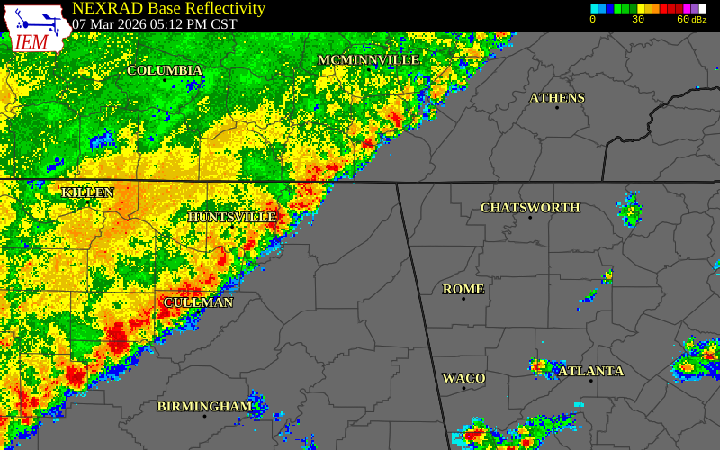 NEXRAD radar during the Saturday, March 7, 2026 storm activity in Jackson County, Tennessee