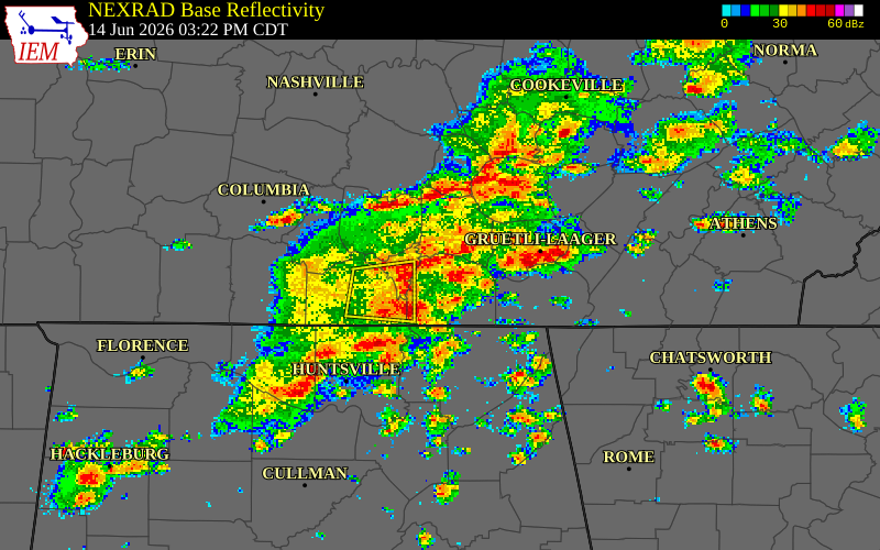 NEXRAD radar during the Sunday, June 14, 2026 storm activity in Jackson County, Tennessee