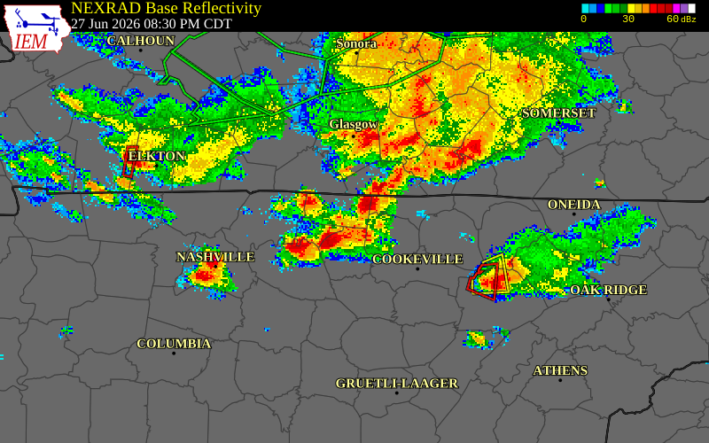 NEXRAD radar during the Saturday, June 27, 2026 storm activity in Jackson County, Tennessee