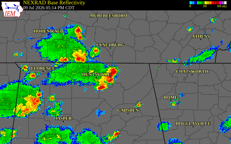 NEXRAD radar during the Thursday, July 9, 2026 storm activity in Jackson County, Tennessee