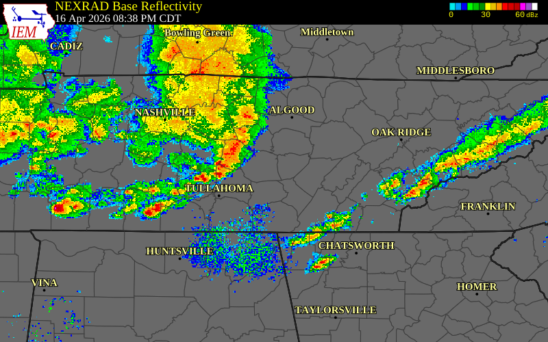 Radar snapshot during the Apr 16, 2026 wind event near Jackson County, Jackson County, Tennessee, with NWS warning polygons