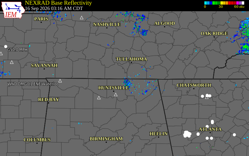 Current NEXRAD radar over Jackson County, Tennessee with recent storm report locations