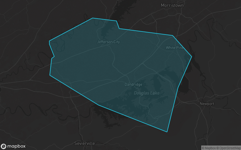Map of Jefferson County, Tennessee showing the county boundary and surrounding cities