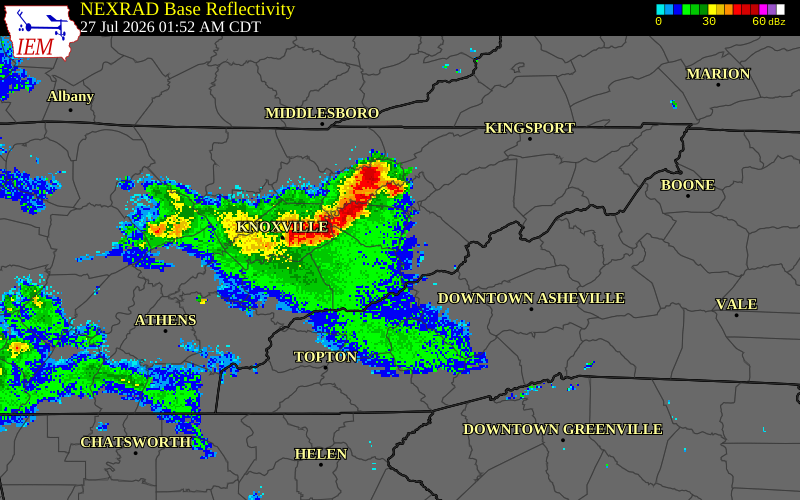 NEXRAD radar during the Monday, July 27, 2026 storm activity in Jefferson County, Tennessee