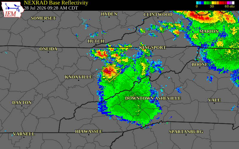 NEXRAD radar during the Tuesday, July 28, 2026 storm activity in Jefferson County, Tennessee