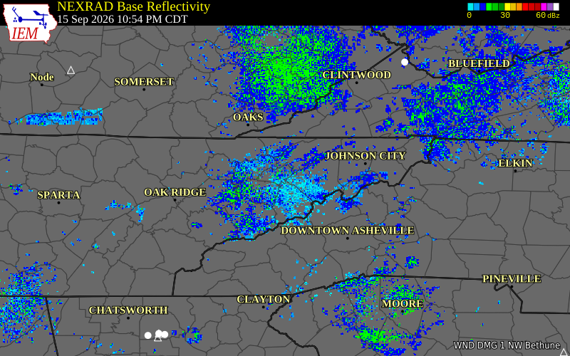 Current NEXRAD radar over Jefferson County, Tennessee with recent storm report locations