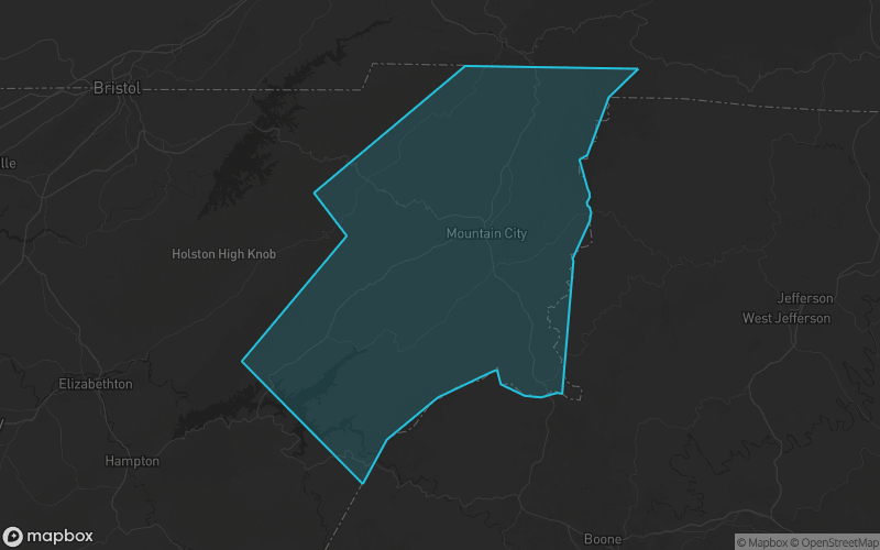 Map of Johnson County, Tennessee showing the county boundary and surrounding cities