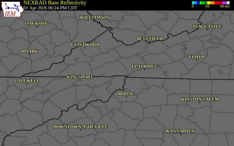 NEXRAD radar during the Wednesday, April 1, 2026 storm activity in Johnson County, Tennessee