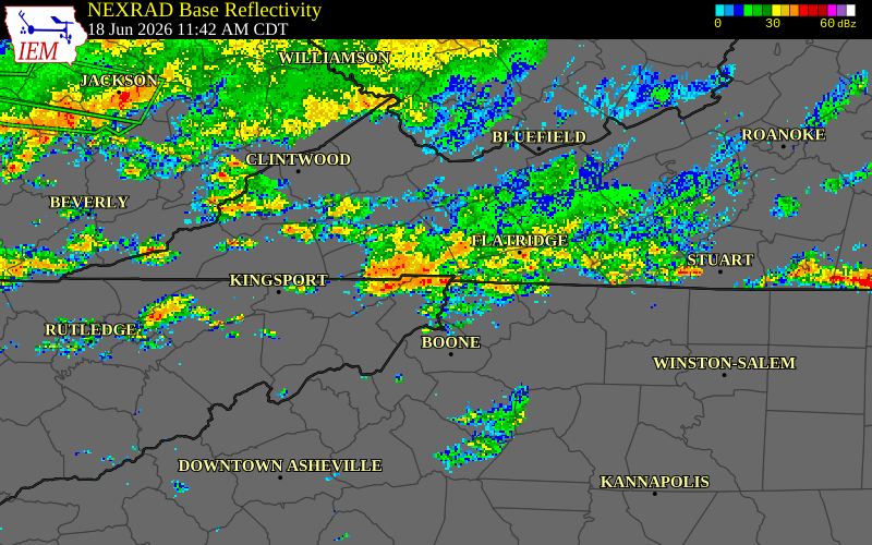 NEXRAD radar during the Thursday, June 18, 2026 storm activity in Johnson County, Tennessee
