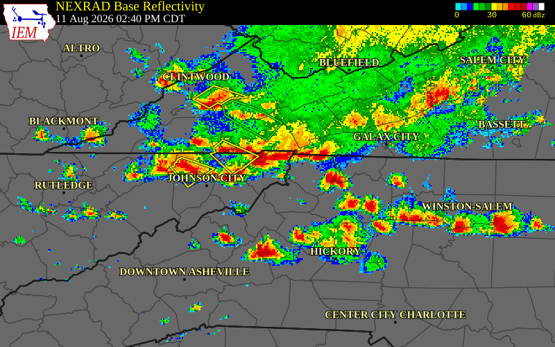 NEXRAD radar during the Tuesday, August 11, 2026 storm activity in Johnson County, Tennessee